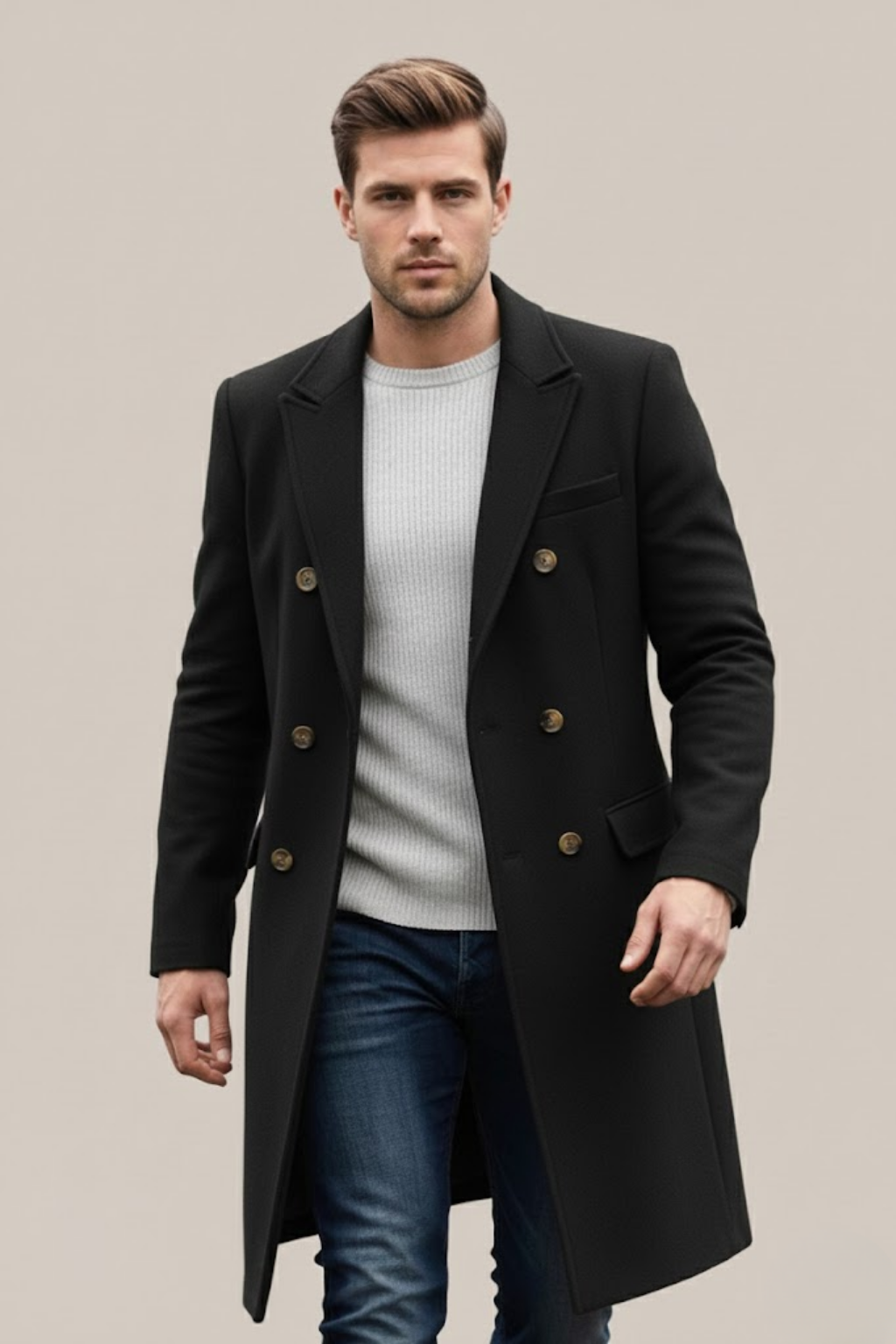 Men's Double-Breasted Long Coat – Stylish Lapel for Formal & Smart Casual Occasions