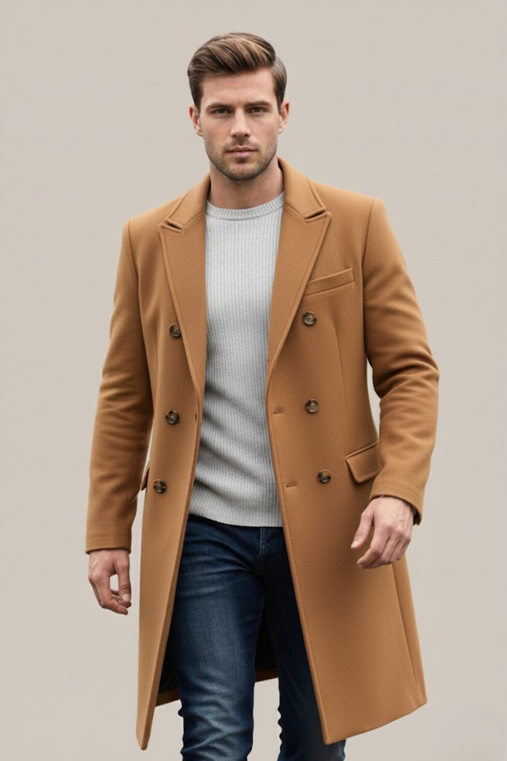 Men's Double-Breasted Long Coat – Stylish Lapel for Formal & Smart Casual Occasions