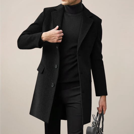 Men's Black Long Overcoat - Stylish Single-Breasted Coat for Winter Events