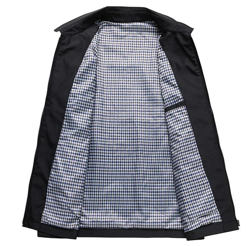 Men’s Classic Black Zip-Up Jacket with Checked Lining for Everyday Wear