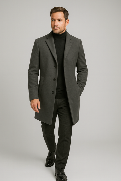 Men's Classic Long Overcoat - Stylish Notch Lapel Design