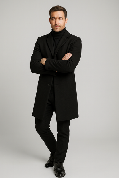 Men's Classic Long Overcoat - Stylish Notch Lapel Design