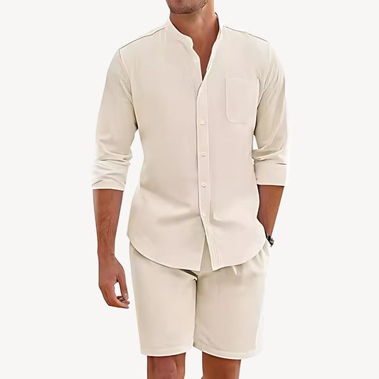 Men's Summer Button-Up Shirt and Drawstring Shorts Set – Ideal for Beach and Outdoor Wear