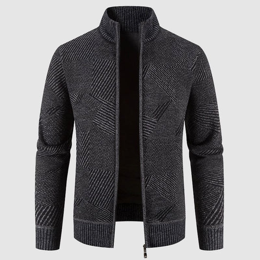 Men's Geometric Knit Zip Cardigan - Mock Neck Style for Smart Casual Wear