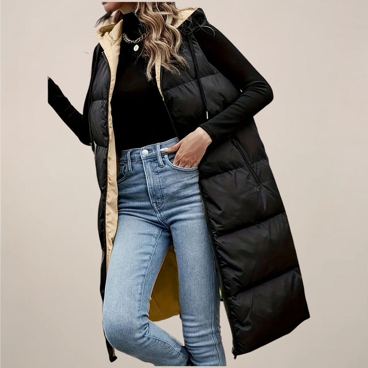 Women’s Black Longline Puffer Gilet – Stylish Hooded Vest for Outdoor Adventures