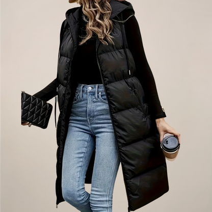 Women’s Black Longline Puffer Gilet – Stylish Hooded Vest for Outdoor Adventures