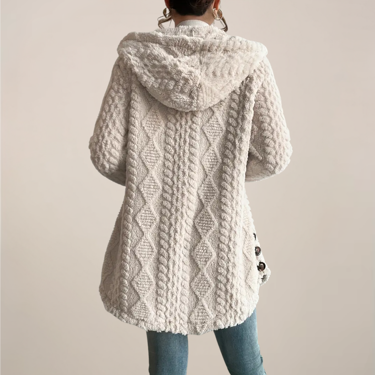 Chic Cream Hooded Jacquard Plush Coat for Every Occasion