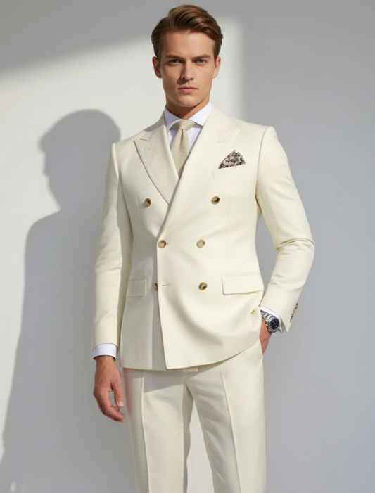 Men’s White Two-Piece Suit with Gold Accents – Stylish Formal Attire for Any Occasion